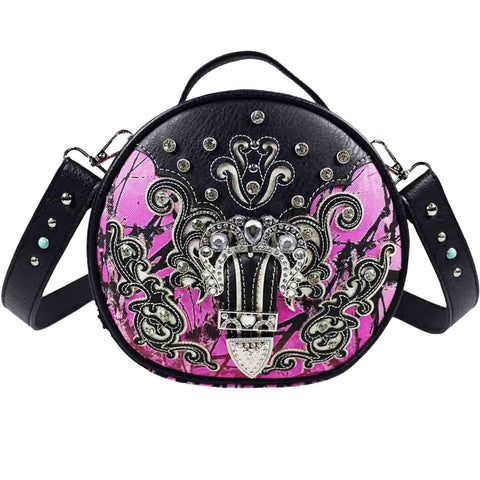 Crystal Buckle Camouflage Studded Round Crossbody Bag