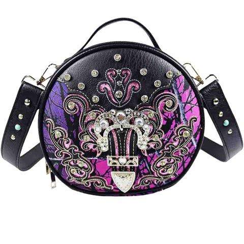 Crystal Buckle Camouflage Studded Round Crossbody Bag