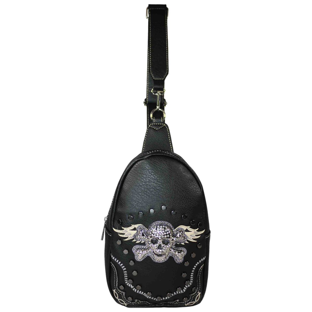 Skull Wing Rhinestone Studded Sling Bag