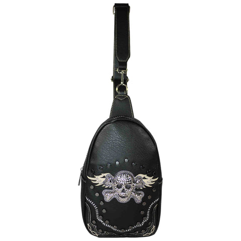Skull Wing Rhinestone Studded Sling Bag