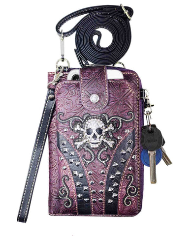 Multi Purpose Skull Rhinestone Studded Embroidery Phone Wallet with Strap