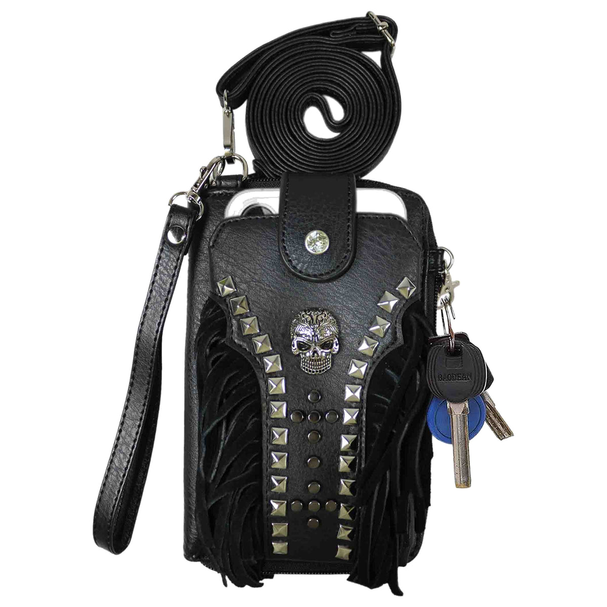 Studded Skull Fringe Phone Wallet with Strap