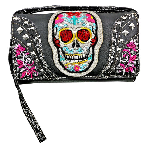 Western Sugar Skull Embroidery Trifold Clutch Crossbody Wallet