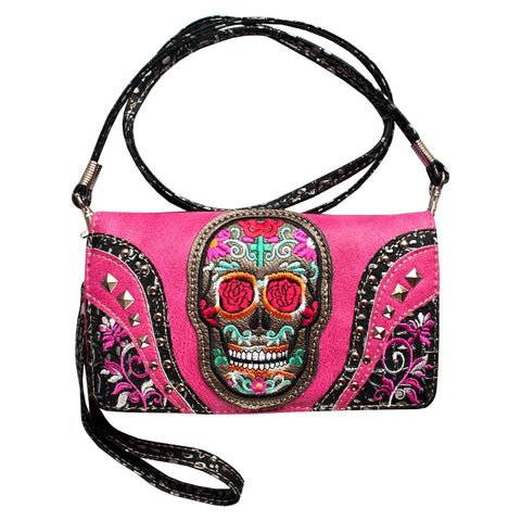 Western Sugar Skull Embroidery Trifold Clutch Crossbody Wallet