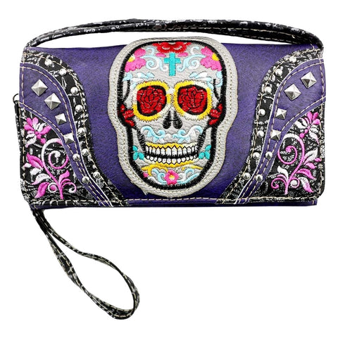 Western Sugar Skull Embroidery Trifold Clutch Crossbody Wallet
