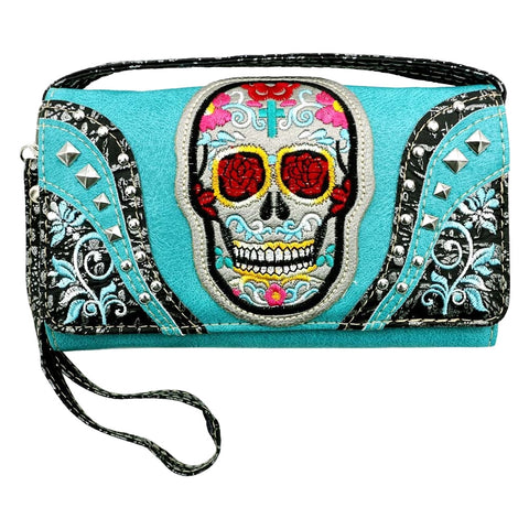 Western Sugar Skull Embroidery Trifold Clutch Crossbody Wallet