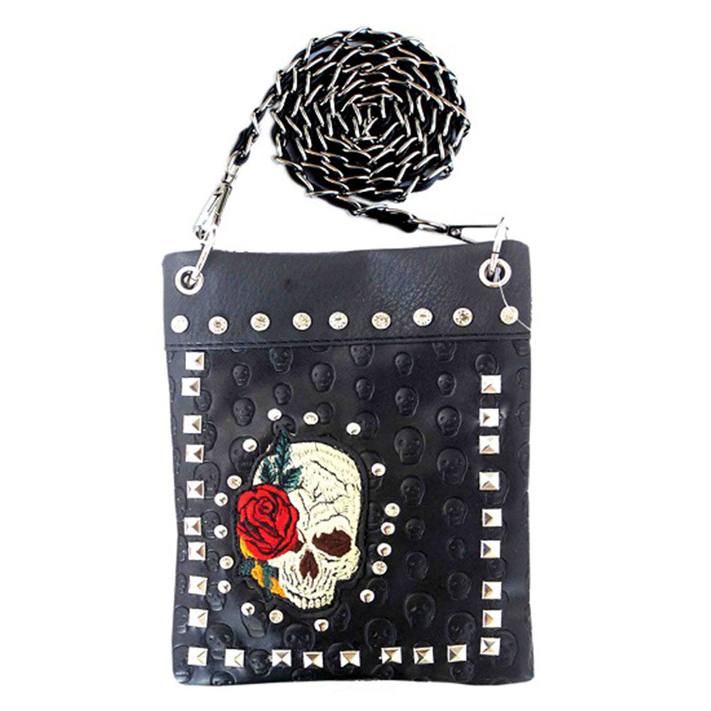 Skull Embroidery Rhinestone Studded Mini Crossbody Bag