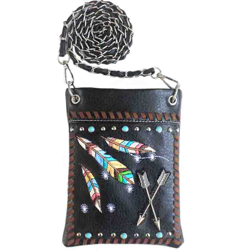 Western Native American Feather Embroidery Mini Crossbody Bag