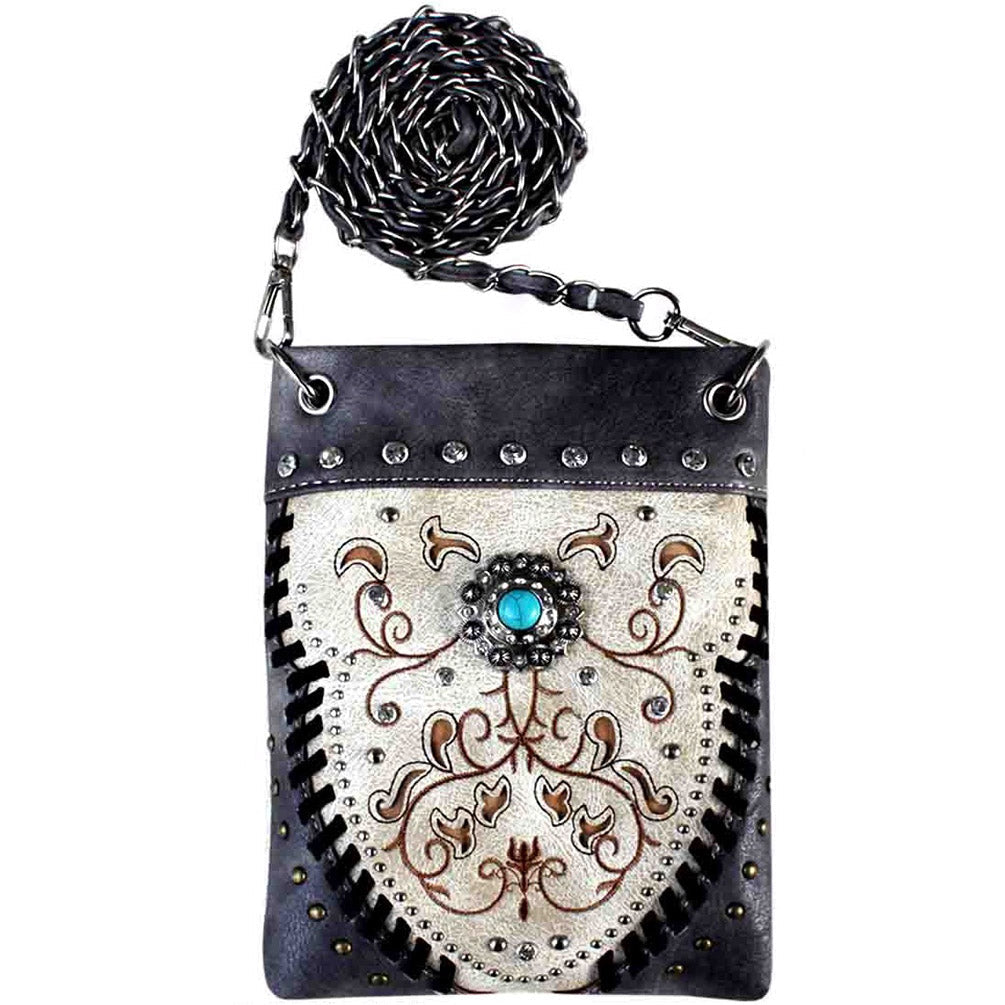 Western Turquoise Concho Floral Embroidery Studded Mini Crossbody Bag