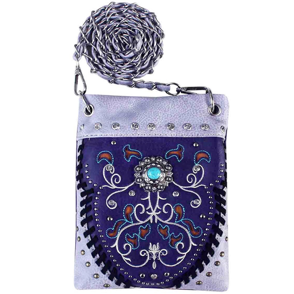 Western Turquoise Concho Floral Embroidery Studded Mini Crossbody Bag