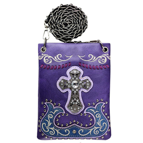 Western Concho Studded  Cross Floral Embroidery Mini Crossbody Bag
