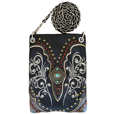 Western Concho Studded Floral Embroidery Mini Crossbody Bag