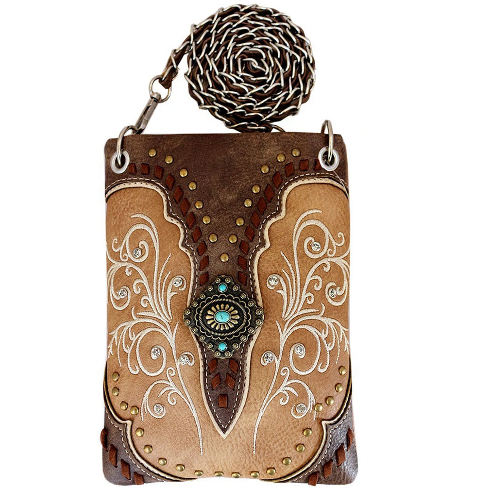 Western Concho Studded Floral Embroidery Mini Crossbody Bag