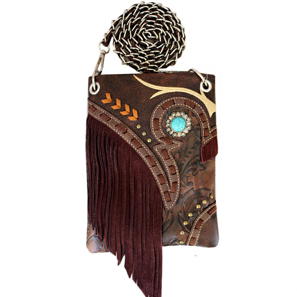 Western Concho Fringe Embossed Mini Crossbody Bag