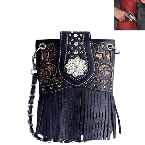 Western Concho Floral Cut-out Fringe Mini Crossbody Bag