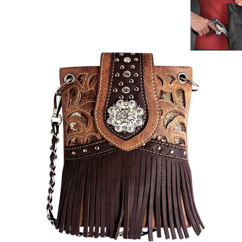 Western Concho Floral Cut-out Fringe Mini Crossbody Bag