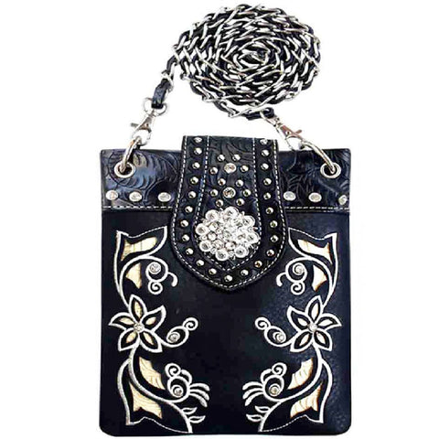Western Concho Floral Embroidery Studded Mini Crossbody Bag