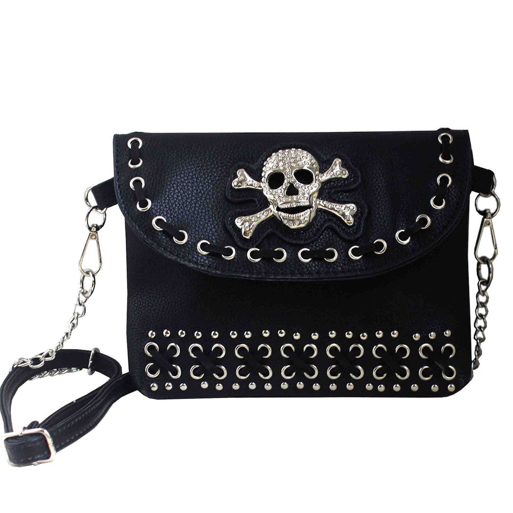 Multi Functional Rhinestoned Skull Quilted Trifold Clutch Crossbody   Bag