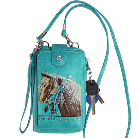 Multi Purpose Horse Embroidery Phone Wallet with Strap