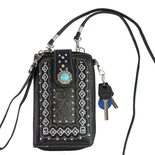 Western Concho Embroidery Tooling Phone Wallet with Strap