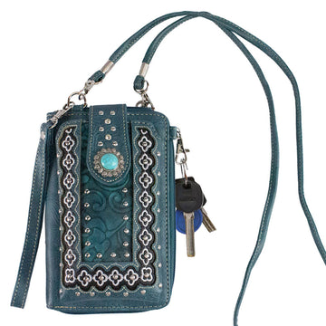 Western Concho Embroidery Tooling Phone Wallet with Strap
