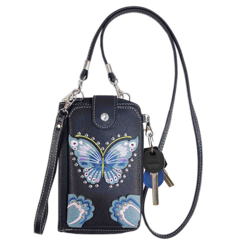 Multi Purpose Butterfly Embroidery Phone Wallet with Strap