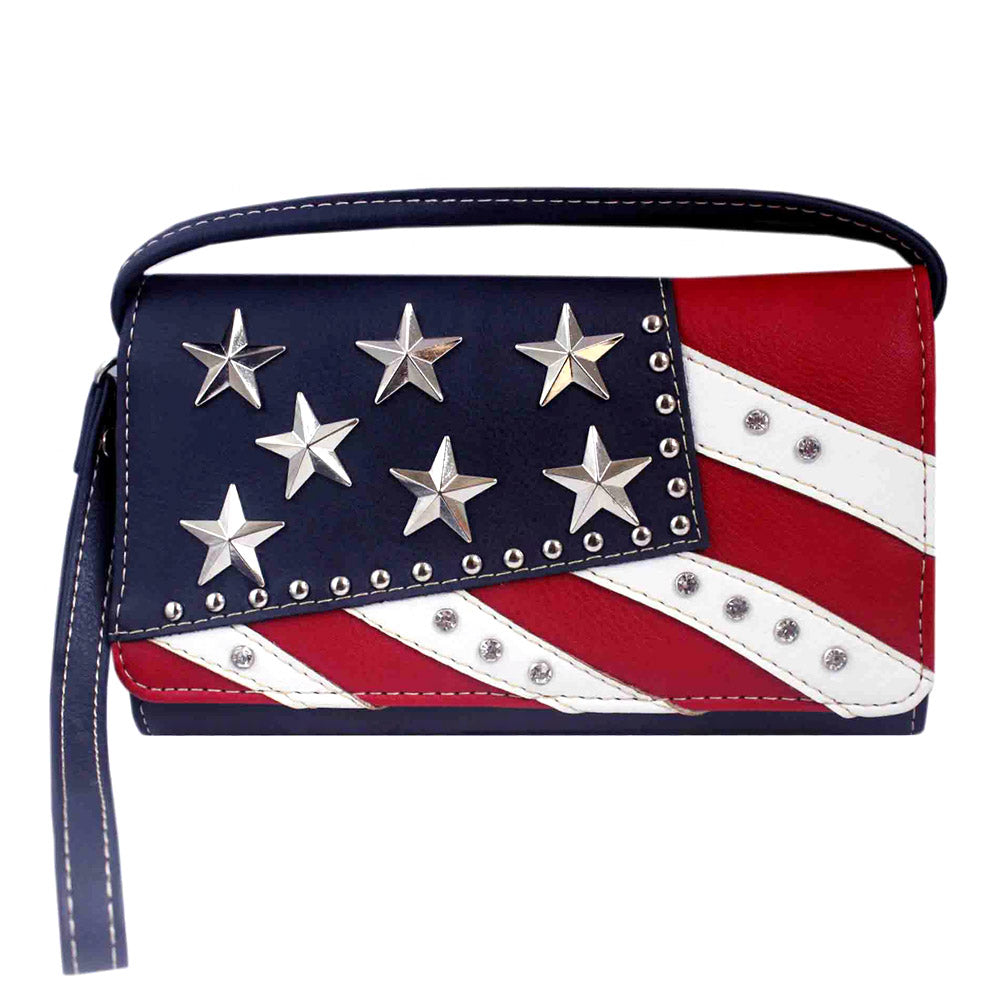 Multi Functional Western U.S Flag Trifold Clutch Crossbody Wallet