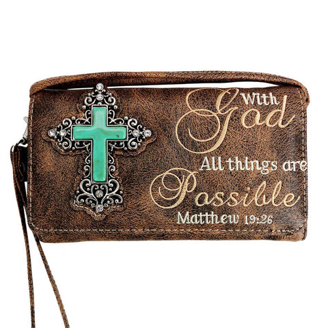 Multi Functional Bible Verse Turquoise Stone Cross Trifold Clutch Crossbody Wallet