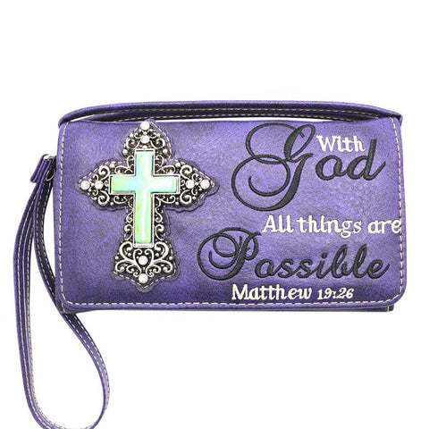 Multi Functional Bible Verse Turquoise Stone Cross Trifold Clutch Crossbody Wallet