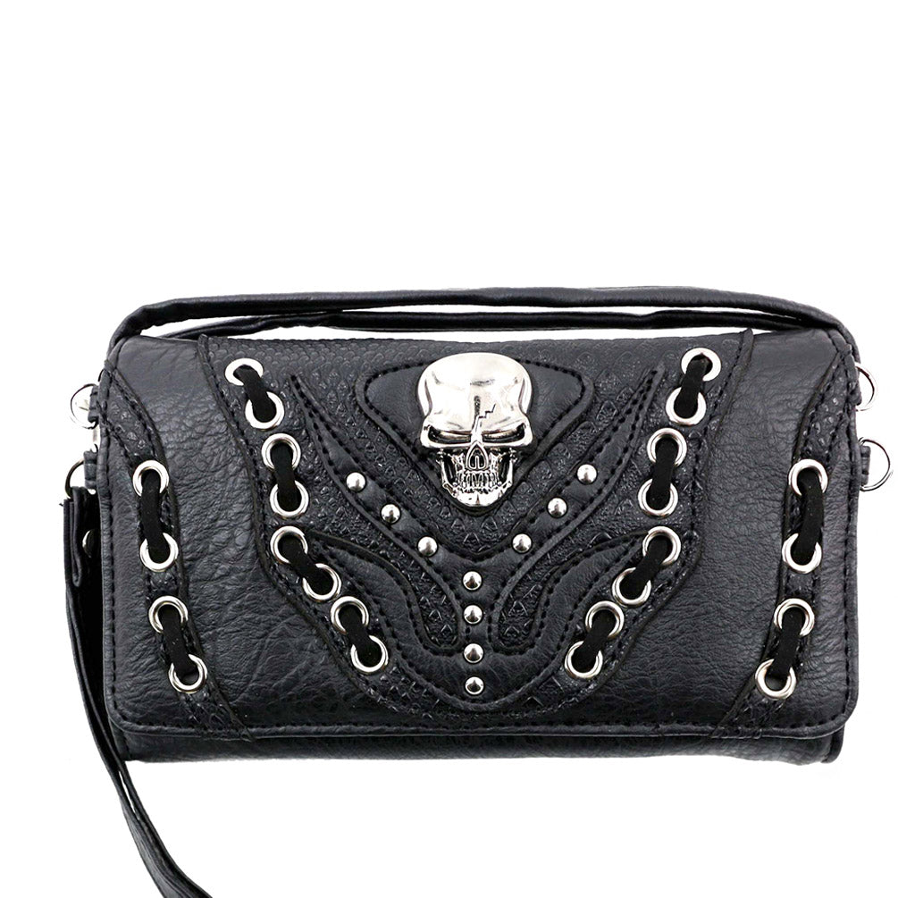 Multi Functional Skull Concho Tooling Studded Trifold Clutch Crossbody Wallet