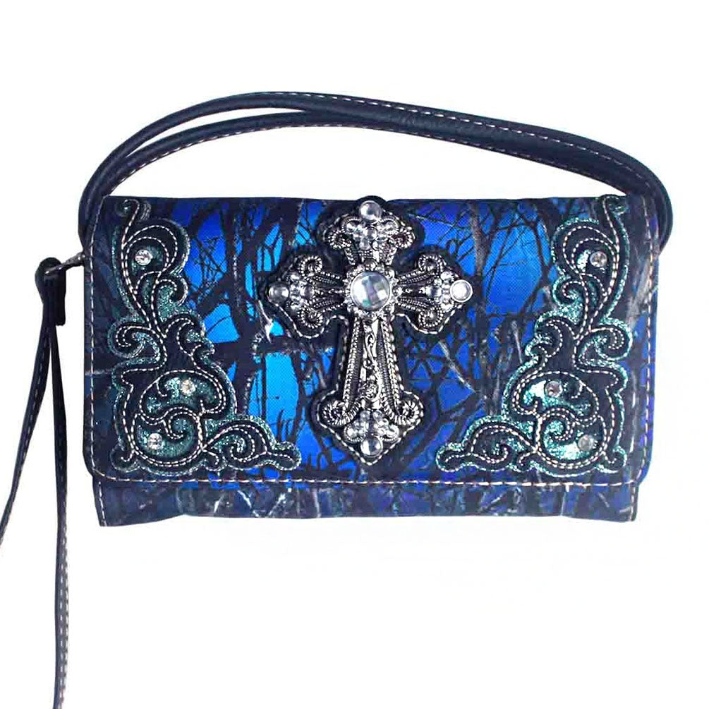 Multi Functional Spiritual Cross Camouflage Trifold Clutch Crossbody Wallet