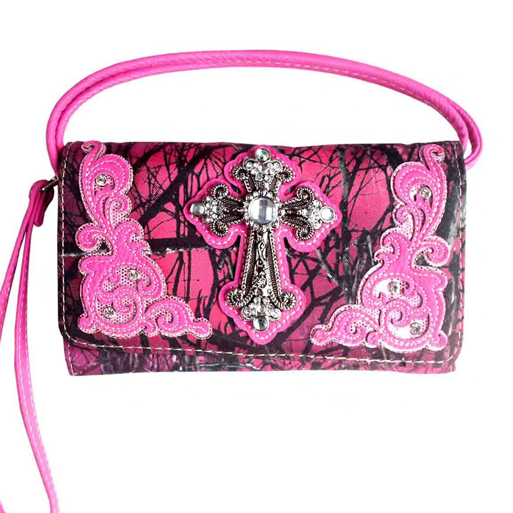 Multi Functional Spiritual Cross Camouflage Trifold Clutch Crossbody Wallet