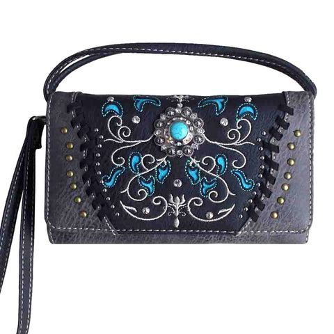 Multi Functional Western Concho Embroidery Trifold  Clutch Crossbody Wallet