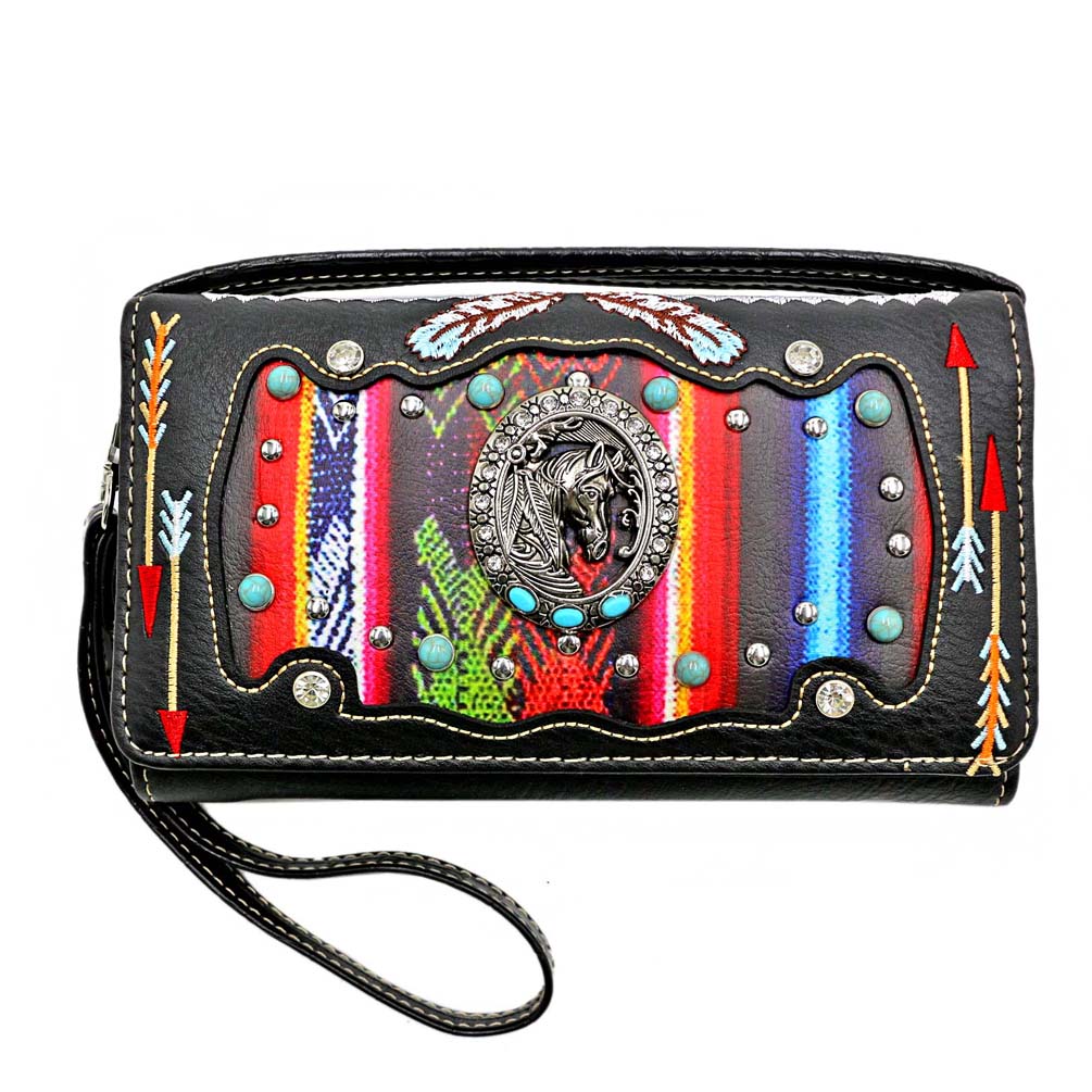 Multi Functional Aztec Horse Concho Turquoise Stone Trifold Clutch Crossbody Wallet