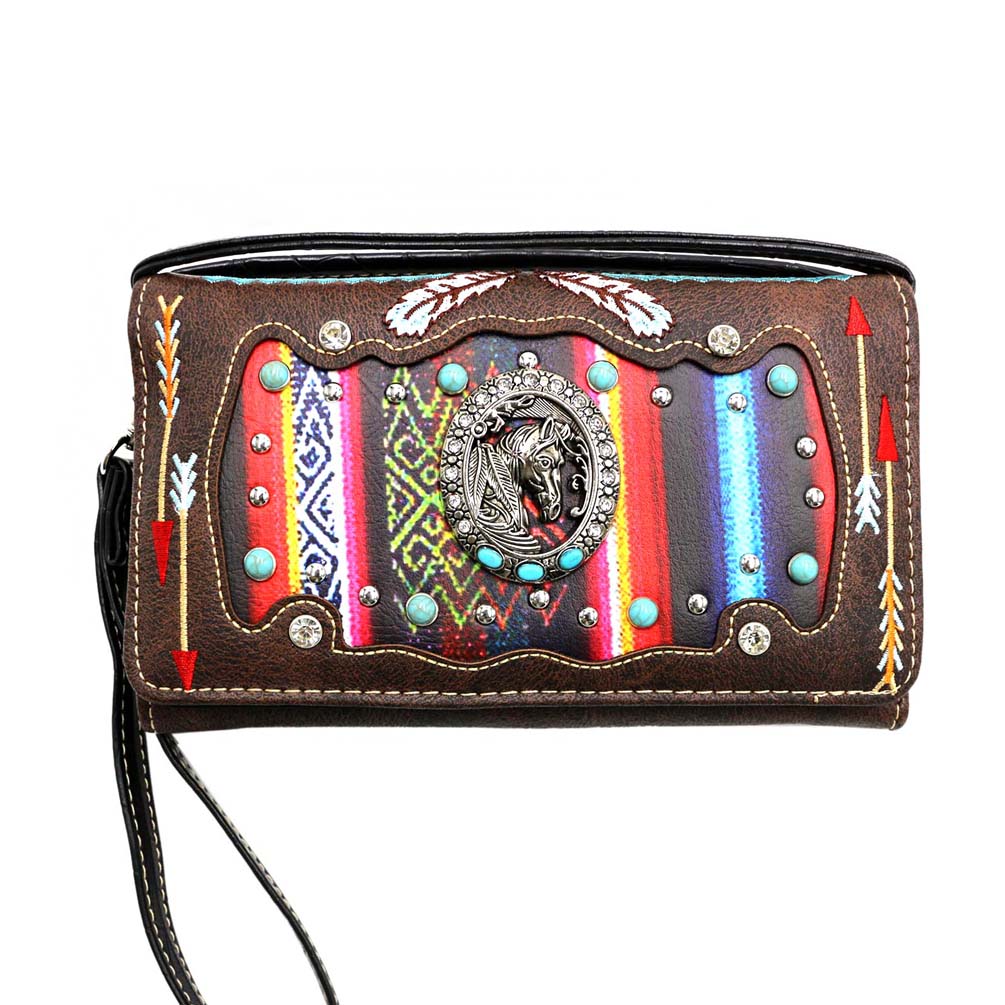 Multi Functional Aztec Horse Concho Turquoise Stone Trifold Clutch Crossbody Wallet