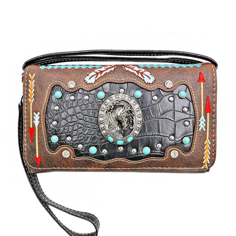 Multi Functional Horse Concho Turquoise Stone Trifold Clutch Crossbody Wallet