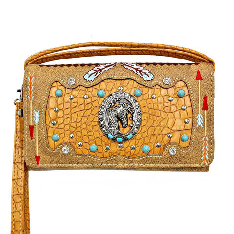 Multi Functional Horse Concho Turquoise Stone Trifold Clutch Crossbody Wallet