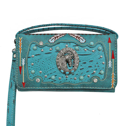 Multi Functional Horse Concho Turquoise Stone Trifold Clutch Crossbody Wallet