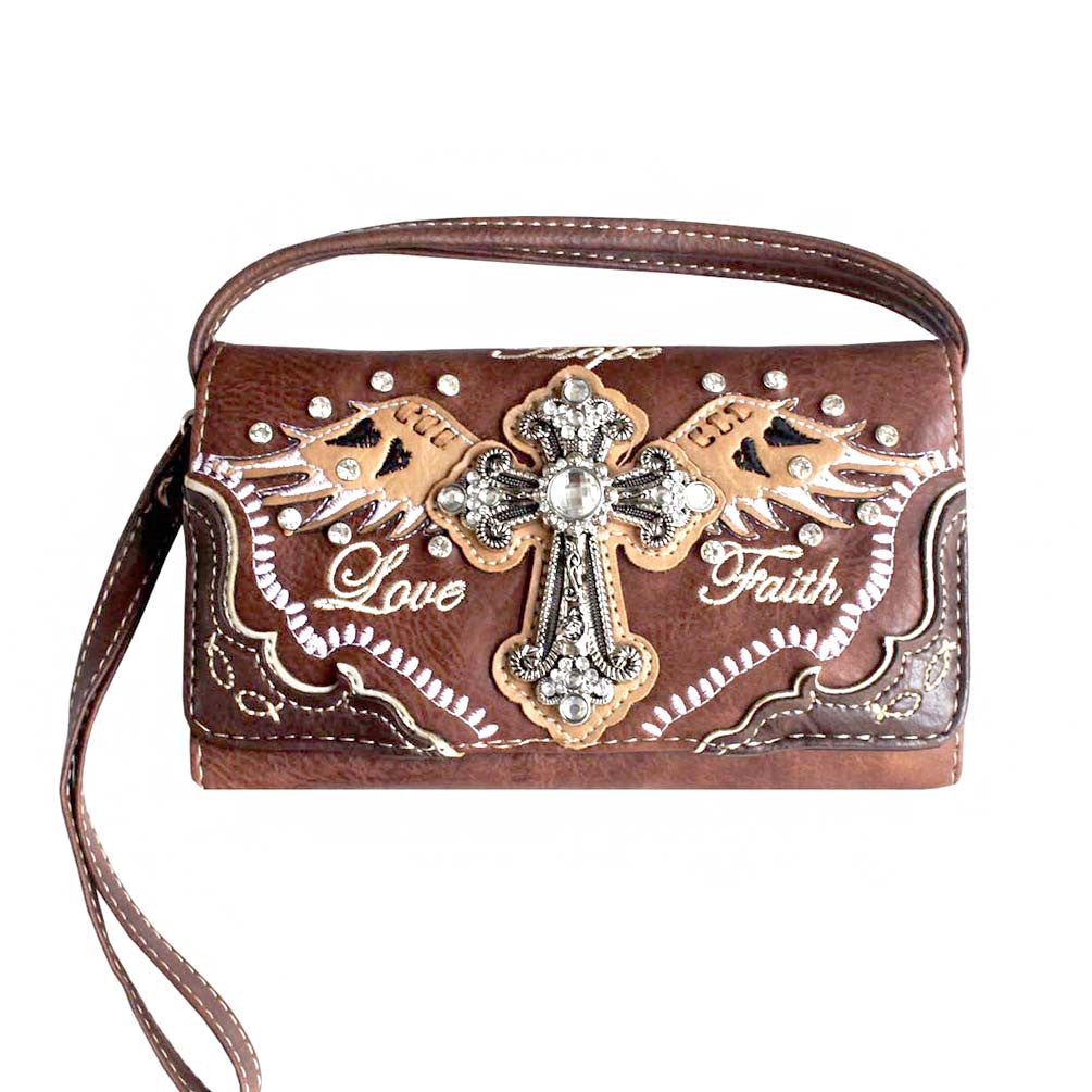 Western Spiritual Cross Wing Embroidery Trifold Crossbody Wallet