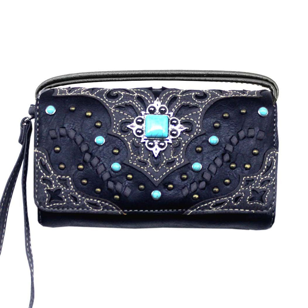 Multi Functional Western Concho Flowerl Embroidery Trifold Clutch Crossbody Wallet