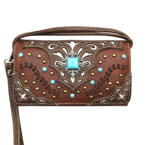 Multi Functional Western Concho Flowerl Embroidery Trifold Clutch Crossbody Wallet