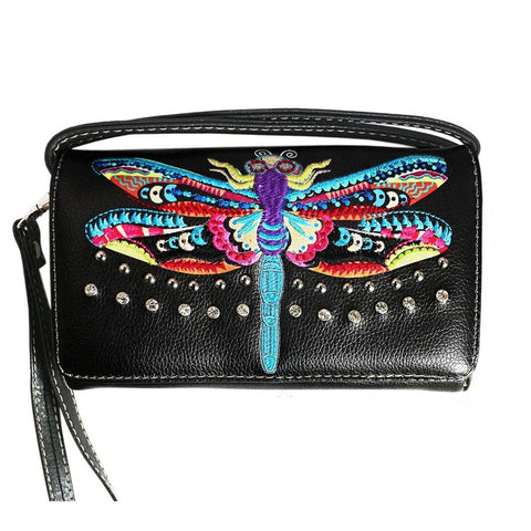 Multi Functional Dragon Fly Embroidery Trifold  Clutch Crossbody Wallet