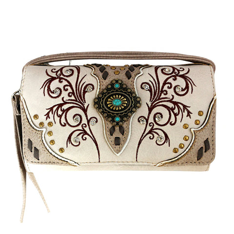 Multi Functional Western Concho Floral Embroidery Trifold Clutch Crossbody Wallet