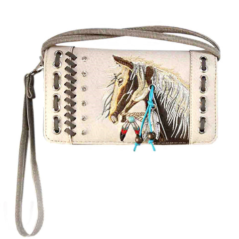 Multi Functional Horse Embroidery Western Trifold Clutch Crossbody Wallet