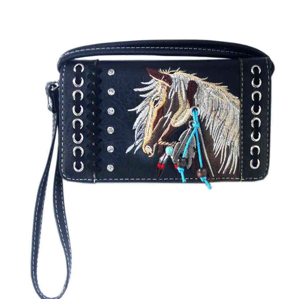 Multi Functional Horse Embroidery Western Trifold Clutch Crossbody Wallet