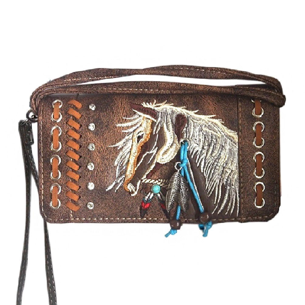 Multi Functional Horse Embroidery Western Trifold Clutch Crossbody Wallet