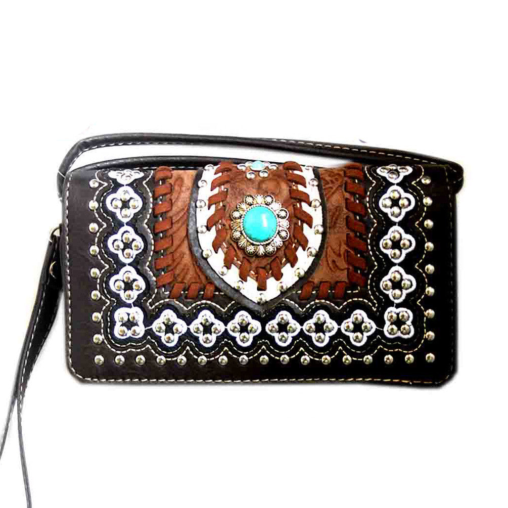 Multi Functional Western Concho Embroidery Trifold Clutch Crossbody Wallet