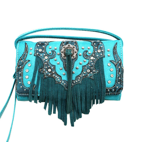 Multi Functional Western Fringe Tooling  Trifold  Clutch Crossbody Wallet
