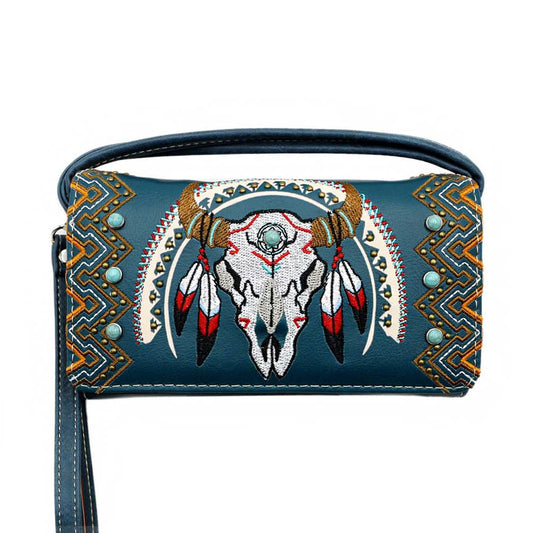 Aztec Skull Embroidery Trifold Clutch Crossbody Wallet