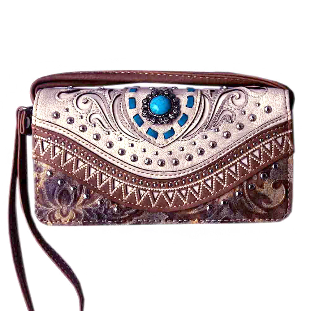 Multi Functional Leopard Print Western Concho Trifold Clutch Crossbody Wallet